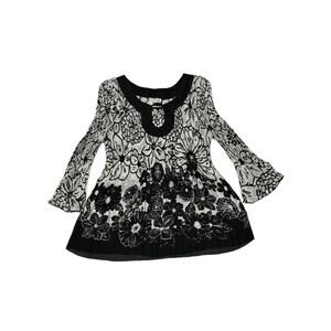 Nicola Black White Floral Pleated Long Sleeve Blouse Size M